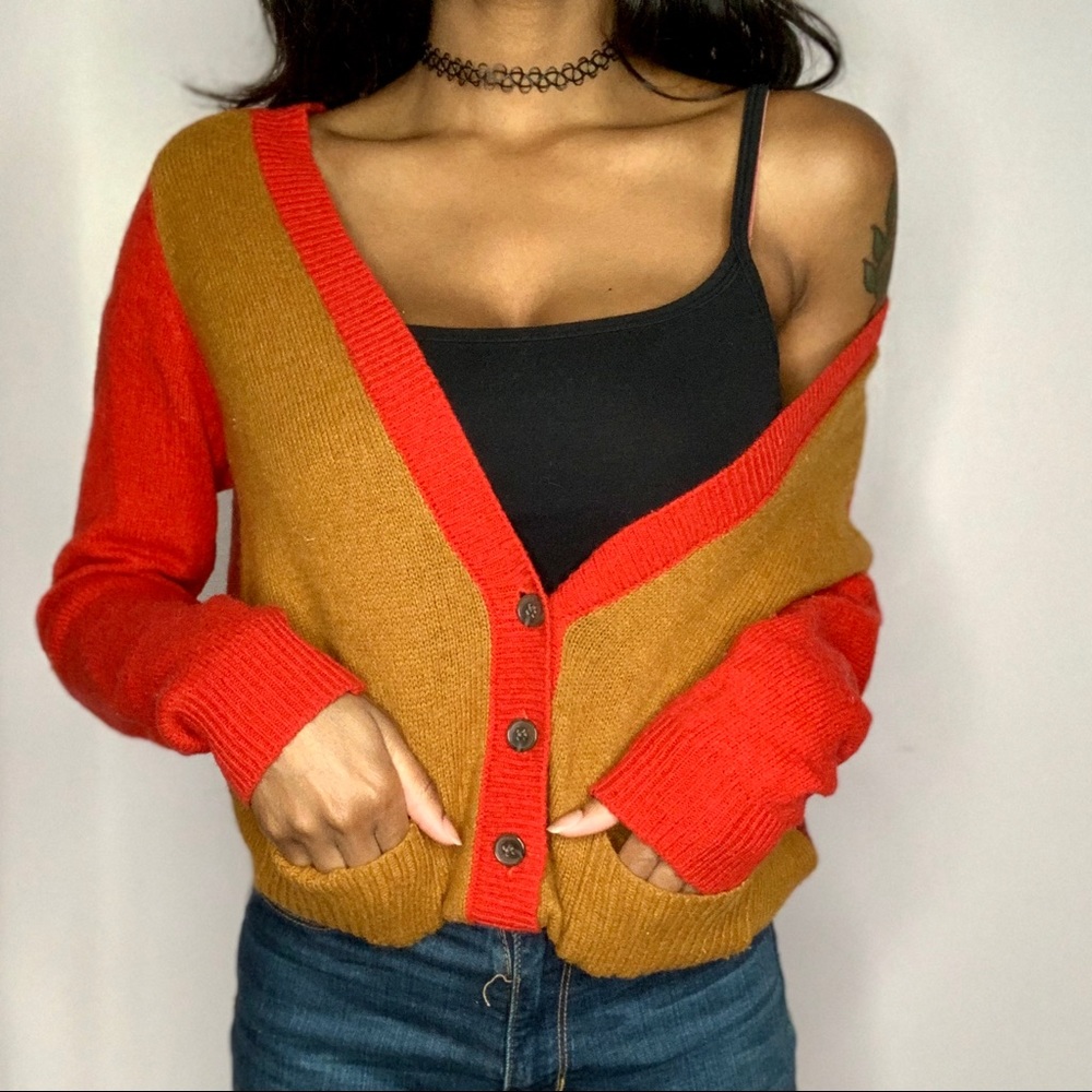 RED & BROWN COLOR BLOCK CARDIGAN URBAN OUTFITTERS